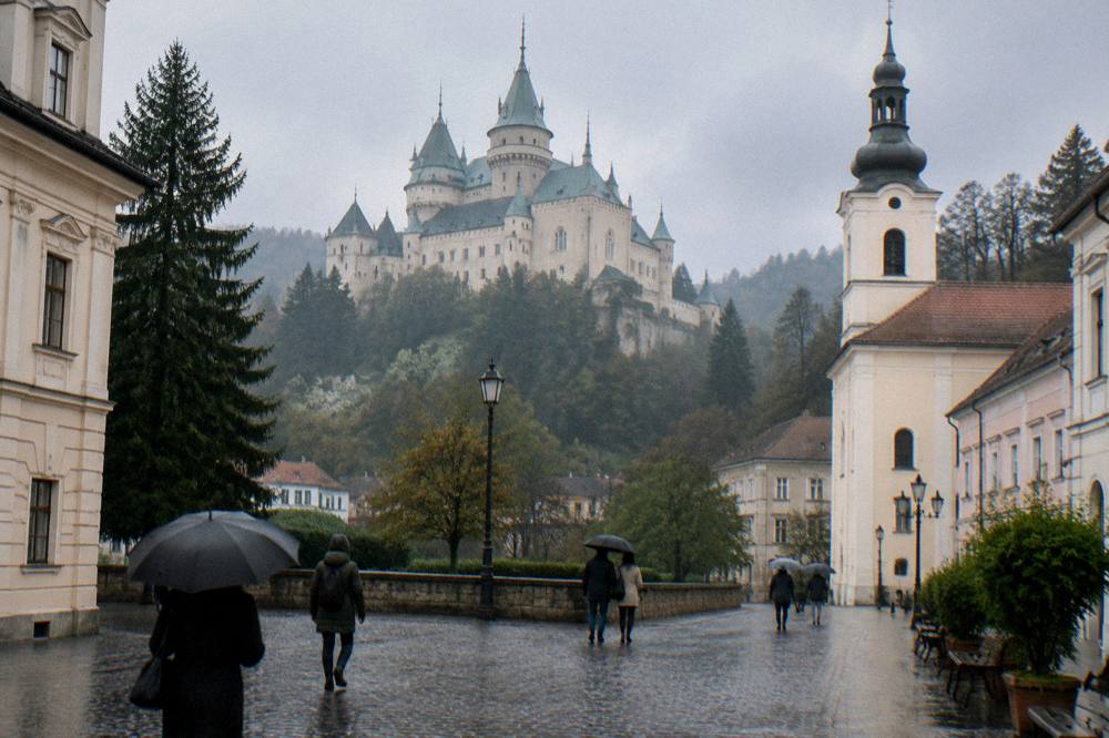 Visitors walking across a cobblestone square with pastel facades and a church tower