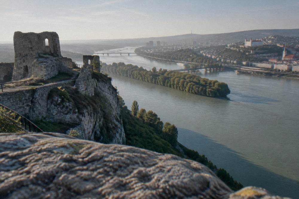 Devin Castle ruins on a cliff above the rivers at the edge of Bratislava