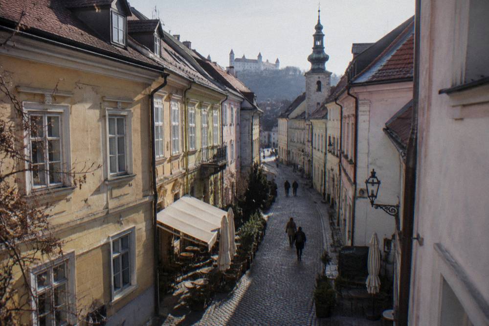 A quiet lane in the Bratislava Old Town lined with colorful buildings