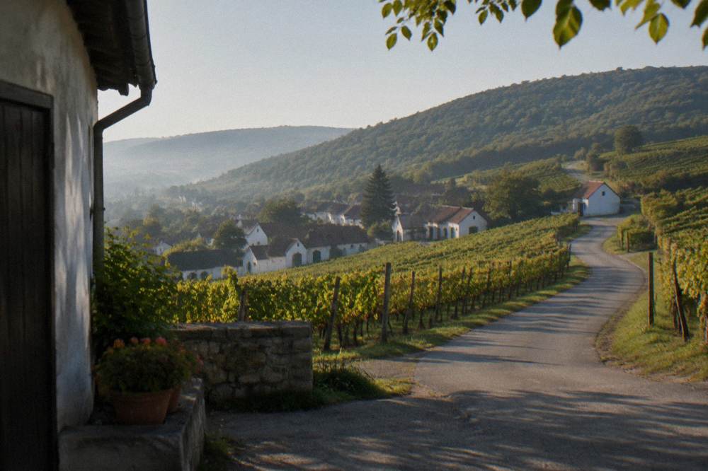 A country road winding through vineyards toward forested hills in western Slovakia