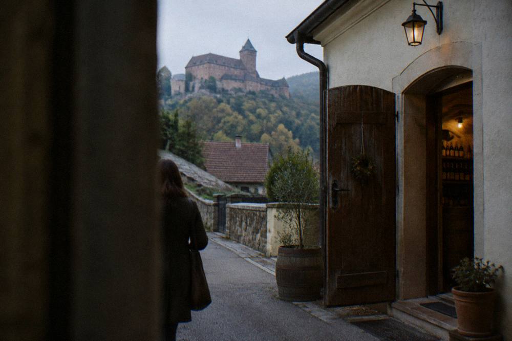 A wine cellar door standing open in a Small Carpathian village street
