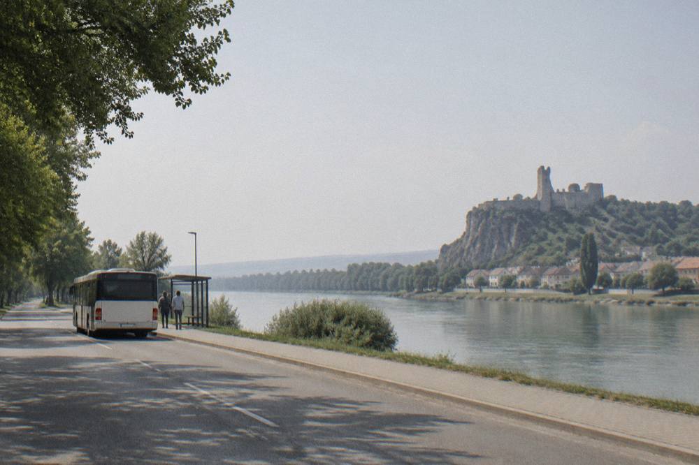 A city bus at a stop beside a road lined with trees on the edge of town