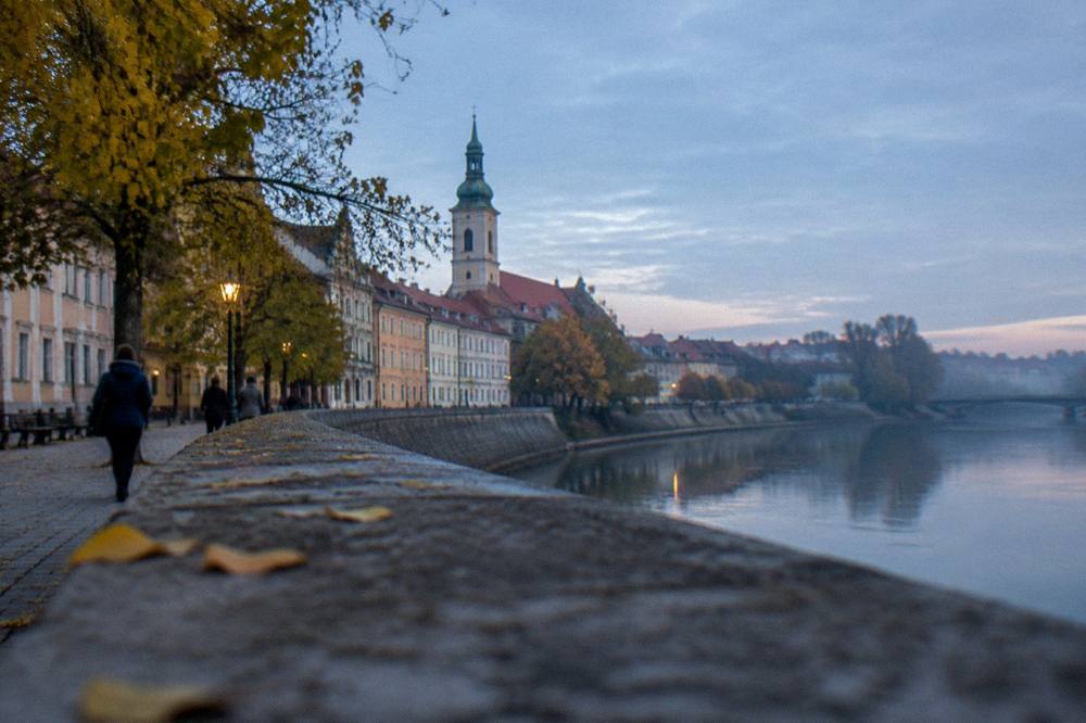 Autumn trees beside a river embankment in a Hungarian city
