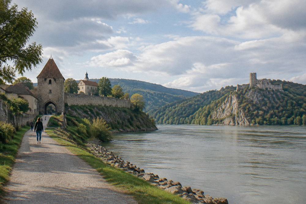 A riverside walking path along the Danube with a castle ruin on a cliff above the water
