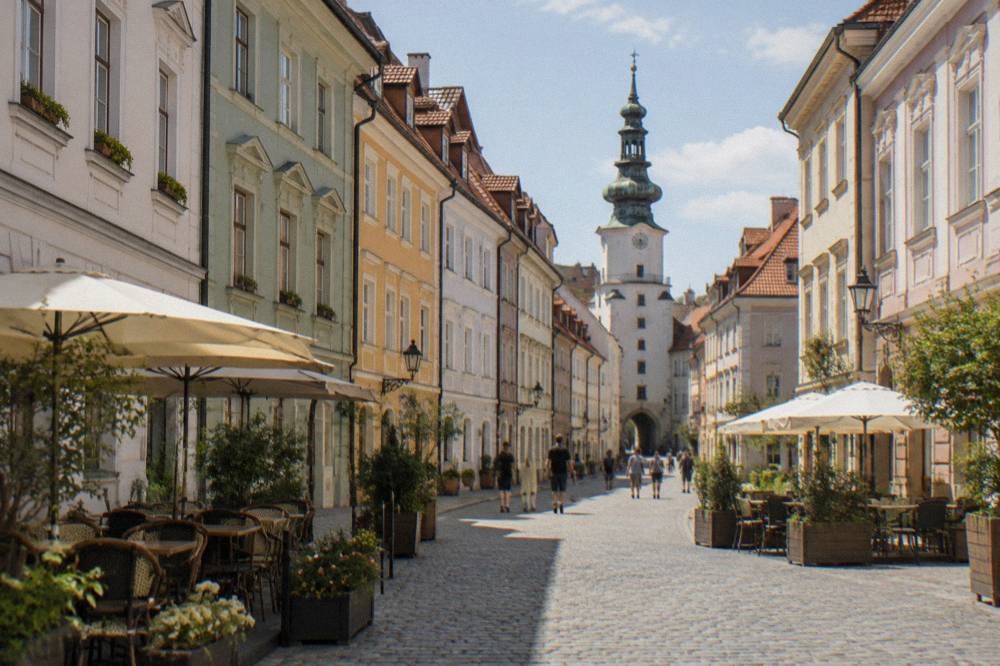 A pedestrian old town square lined with coloured townhouses on a bright day