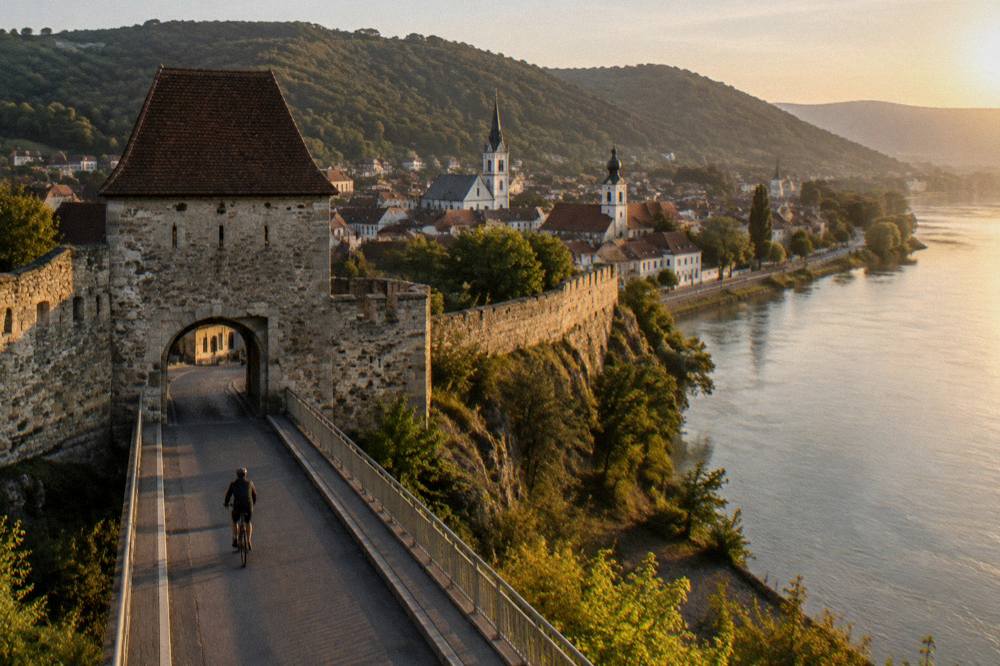 A cyclist crossing a river bridge toward a town skyline with church spires
