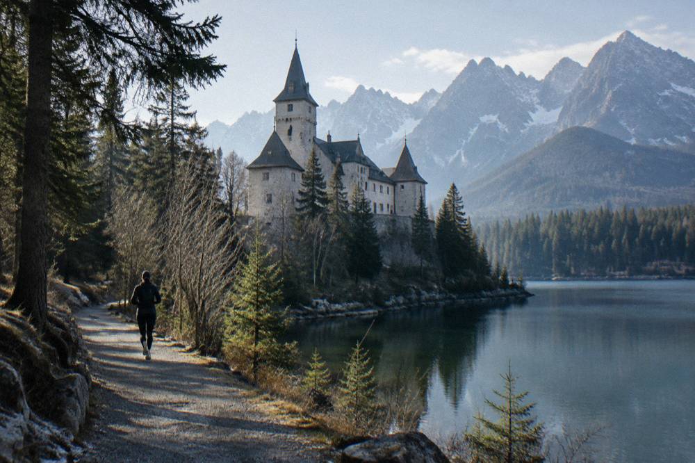 A stone castle with tall pointed towers seen from a path lined with trees