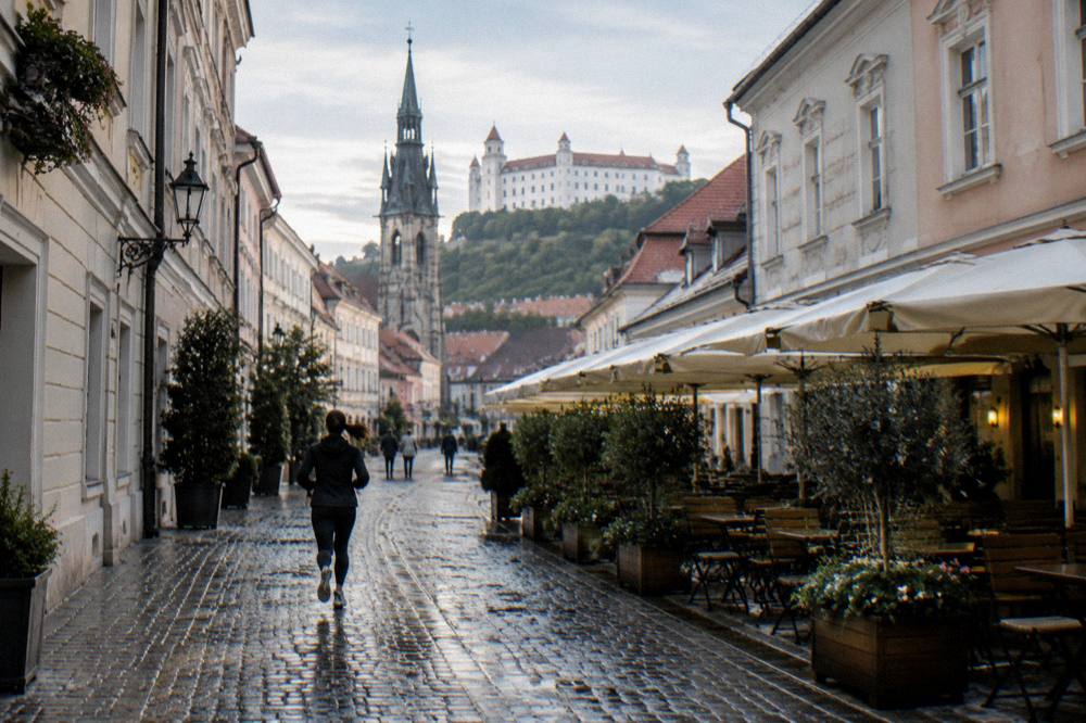 A castle building on a hill above a riverside old town at dusk