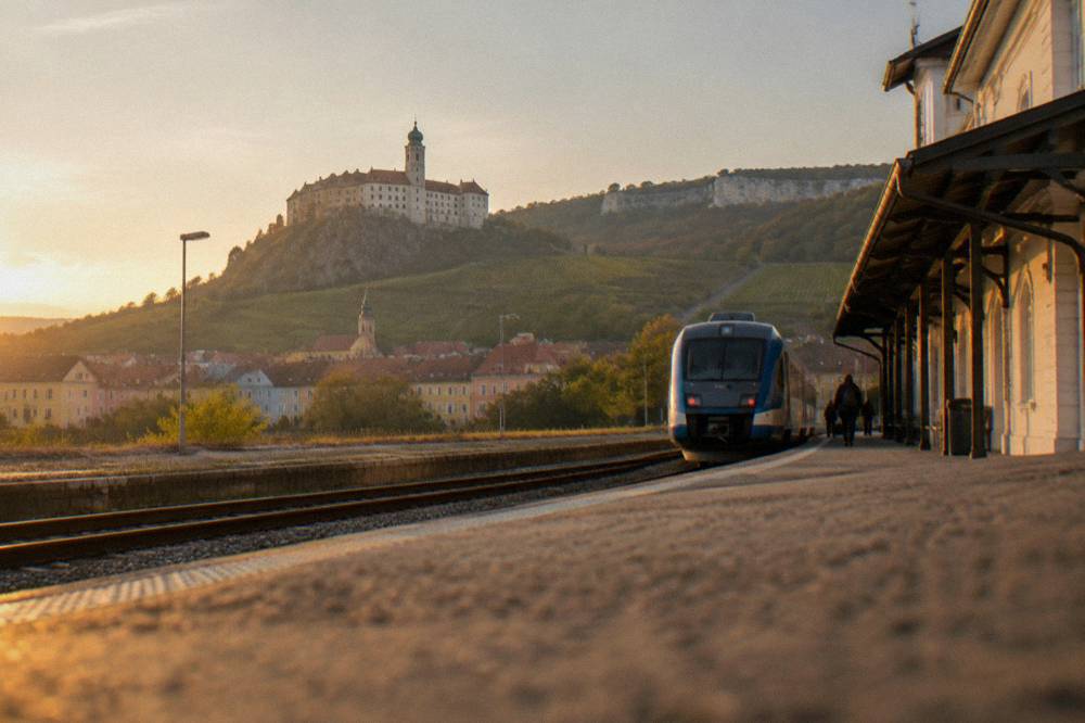 A railway platform with a regional train waiting beside a station building