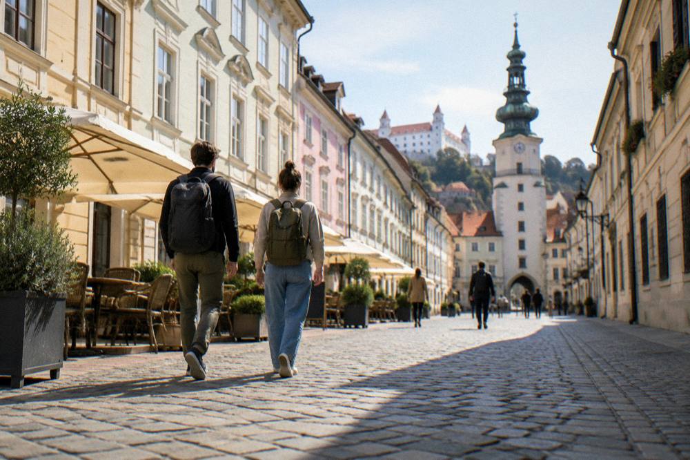 Travellers with backpacks walking through an old town square in the morning