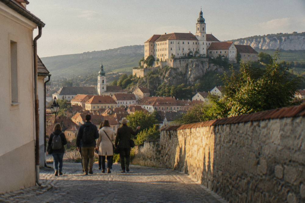 A small group of visitors following a guide along a cobbled street