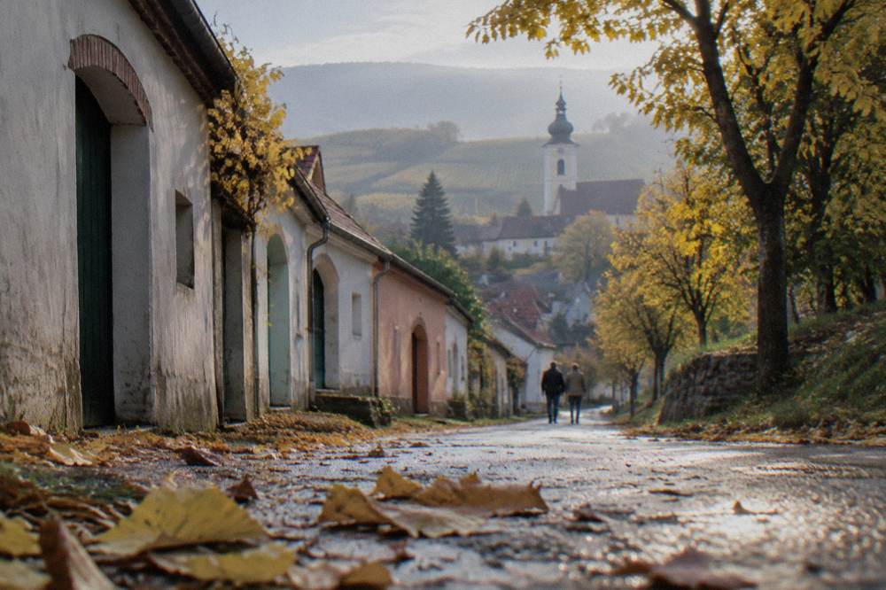 An autumn lane between wine cellars with fallen leaves