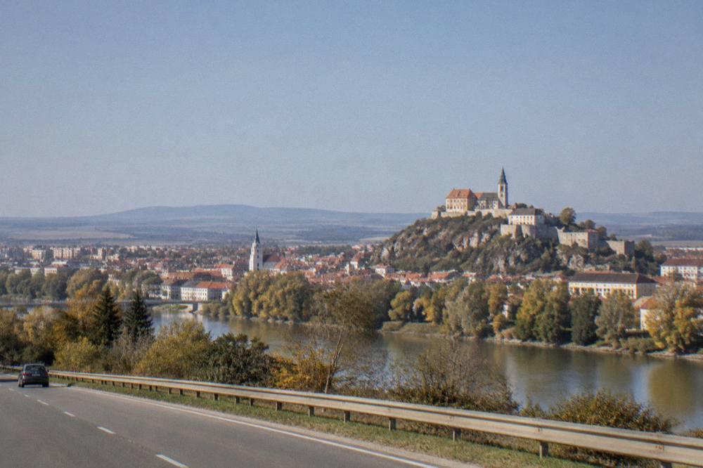 Rolling farmland and low hills seen from a road heading east from Bratislava