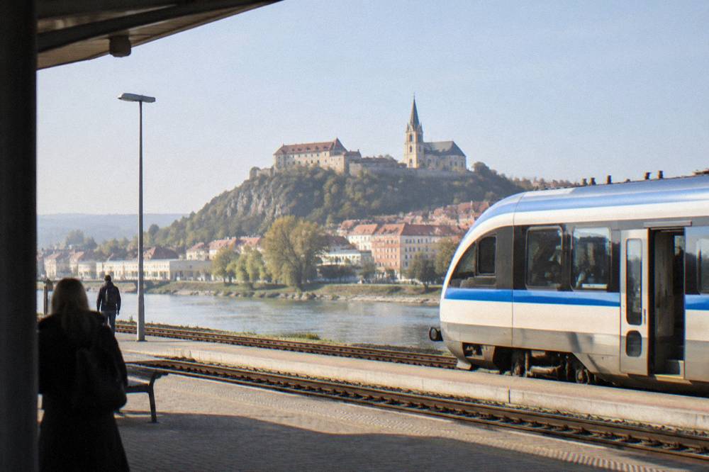A regional train waiting at a Slovak railway station platform in morning light