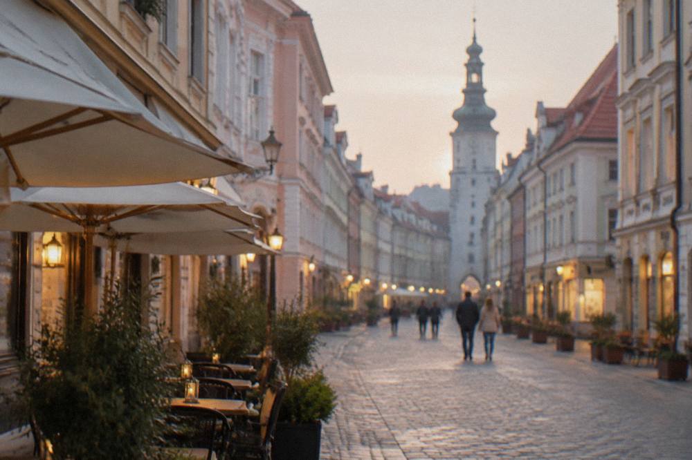 A pedestrian street in a Slovak old town at dusk with lit shopfronts