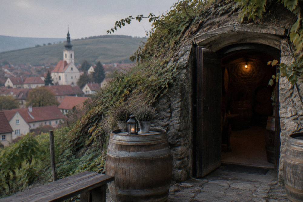 A wine cellar doorway cut into a hillside