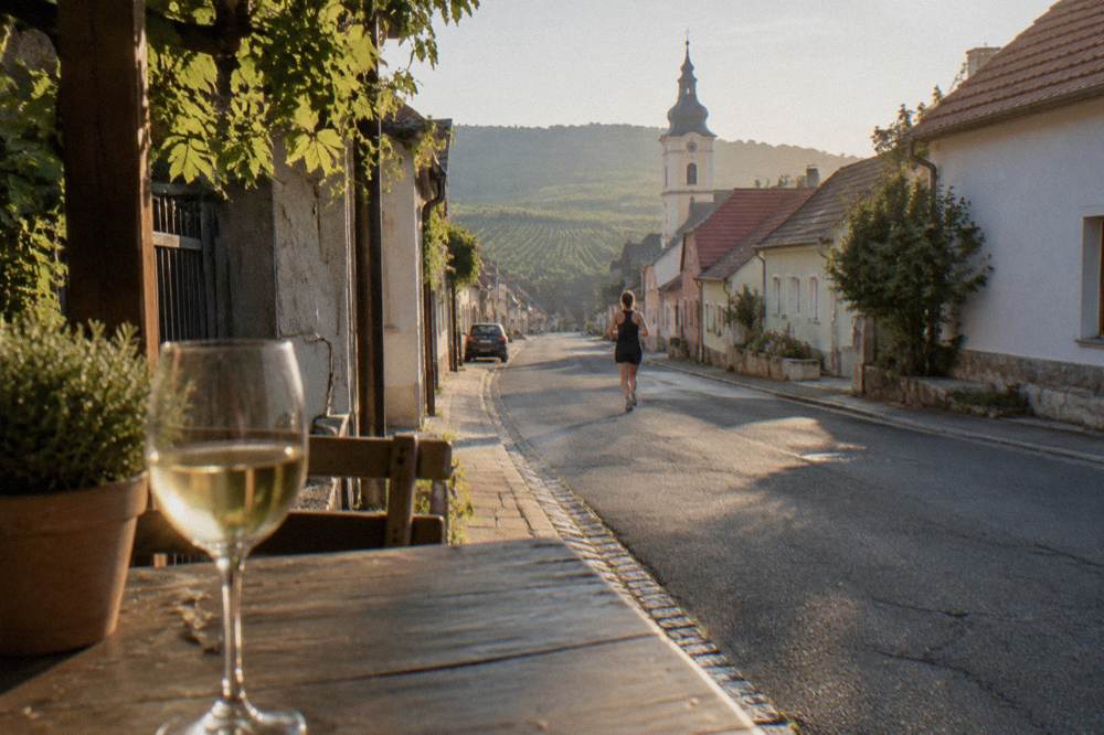 A glass of young white wine on a wooden tasting table