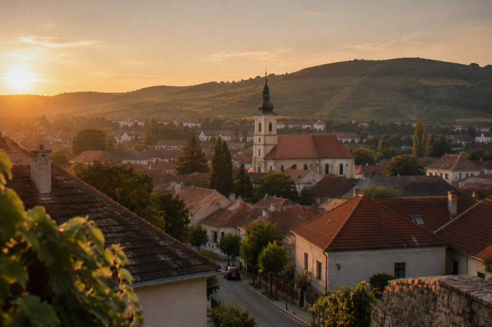 Evening light over a small town rooftops with hills behind