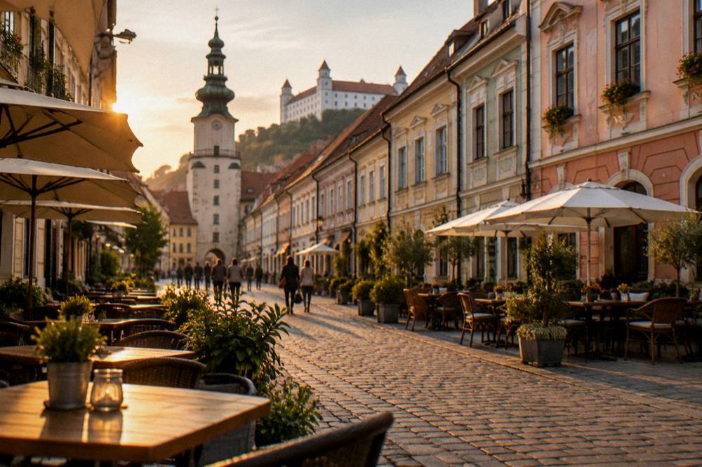 Pedestrian old town square with cafe tables and coloured burgher houses