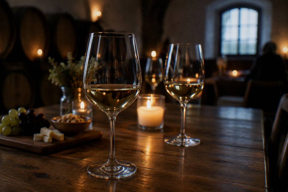 Candlelit wine glasses on a wooden table in a dark tasting room
