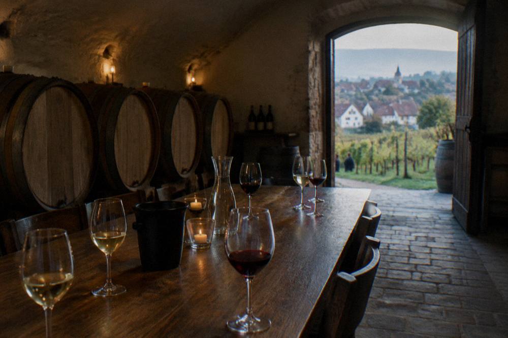A wine cellar with wooden barrels and tasting glasses on a table