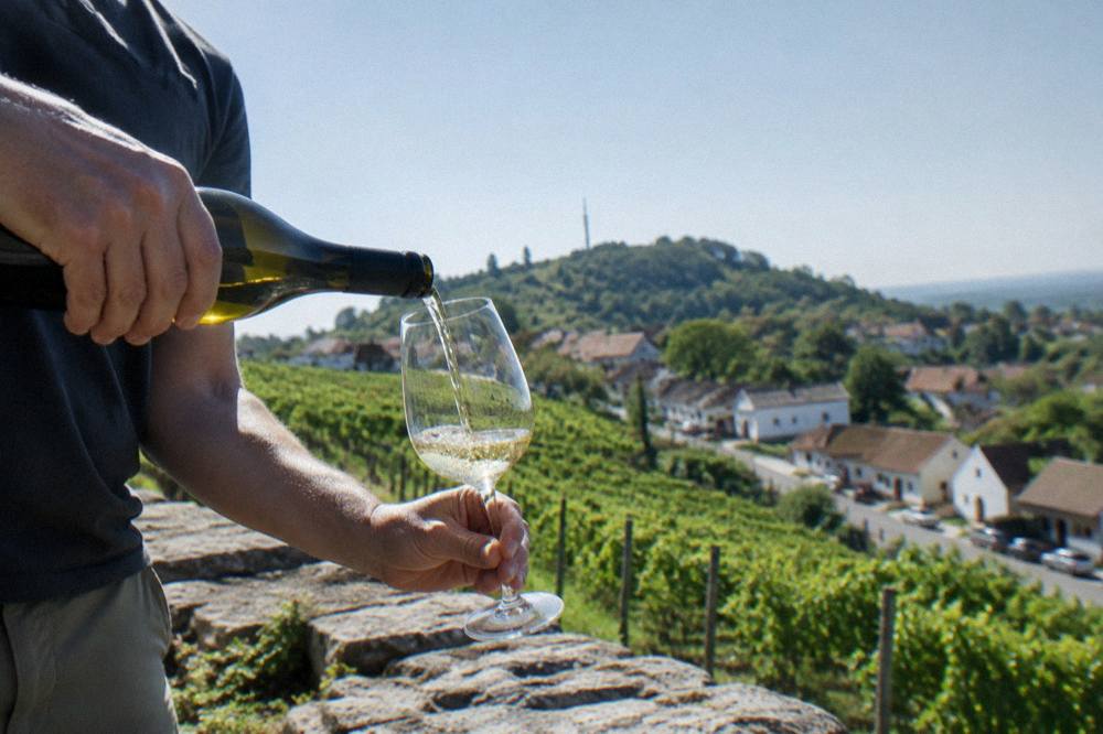 A winemaker pouring wine from a bottle into a tasting glass