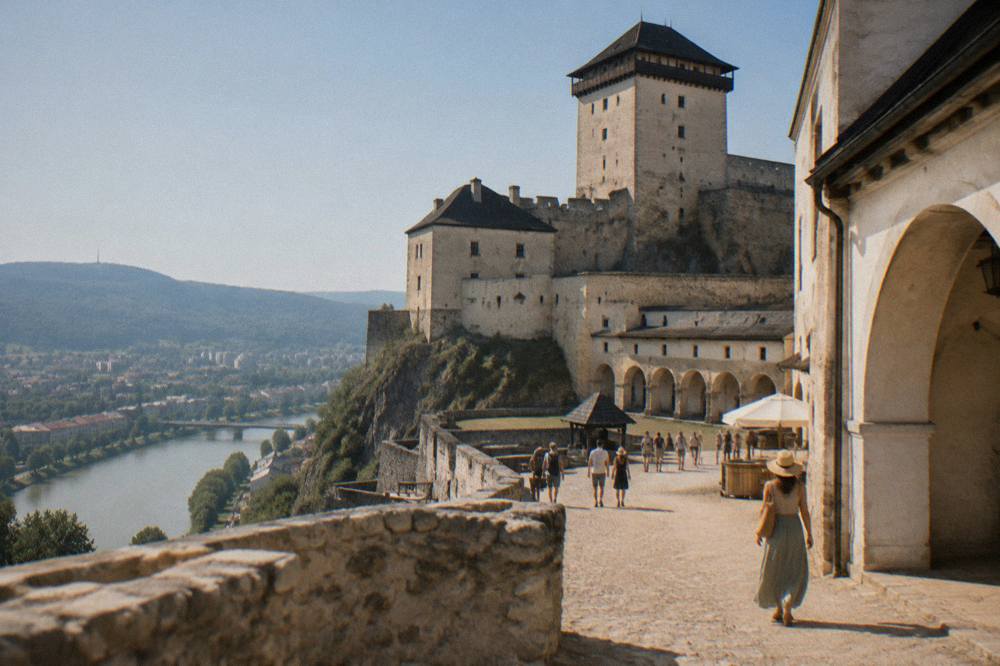 A castle courtyard under a clear blue summer sky