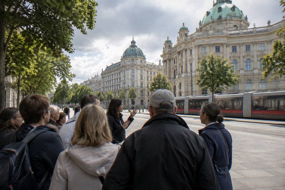 Guided walking group gathered around a guide on a city square