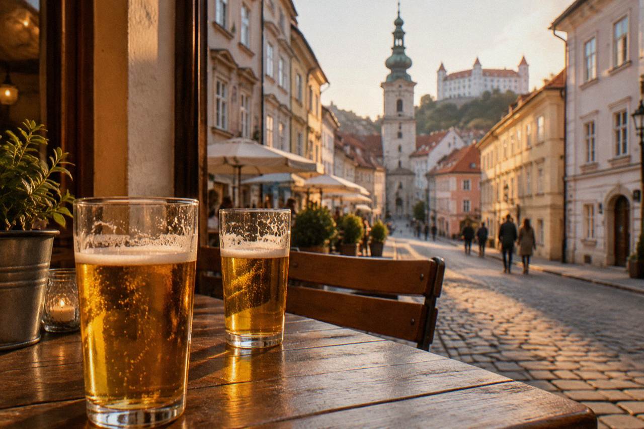 Beer glasses on a pub table