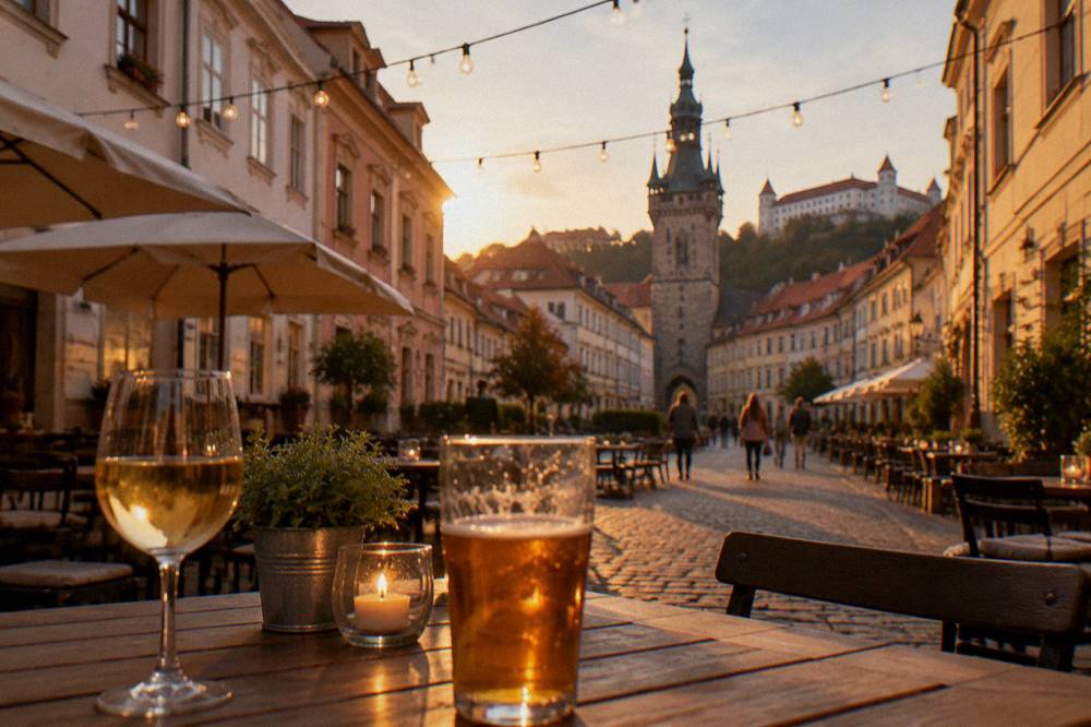 Outdoor terrace tables with drinks on a square lit by evening string lights