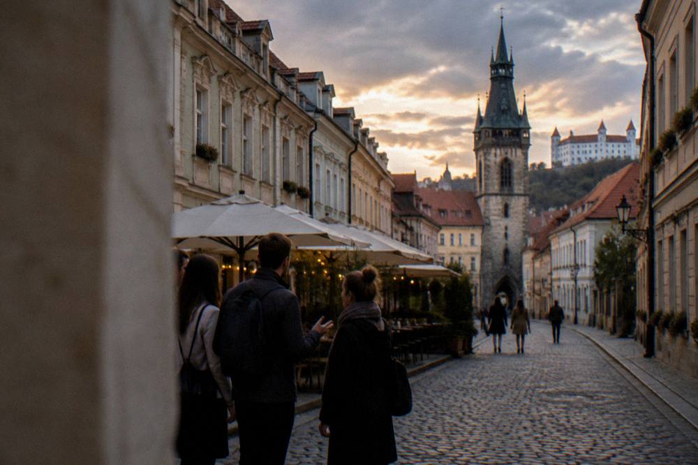 Guide talking to a small group standing in an old European street at dusk