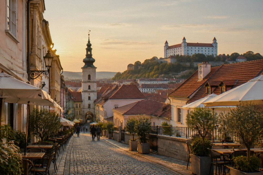 Wide view over red rooftops toward a castle on a hill above the city