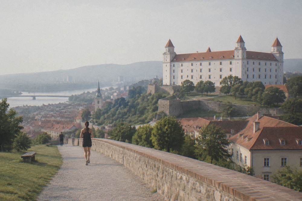 White-walled Bratislava Castle on its hill above the city rooftops