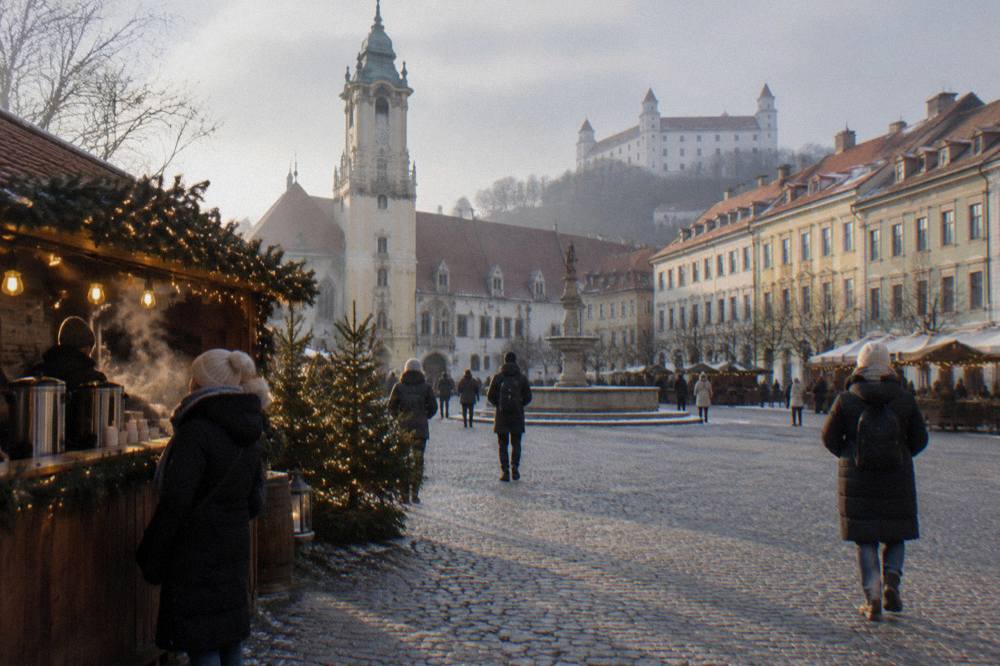 A Christmas market stall with warm drinks and lights on a Bratislava square