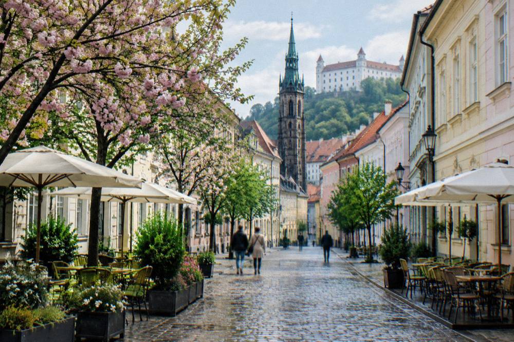 Flowering trees along a street in the Bratislava Old Town in spring
