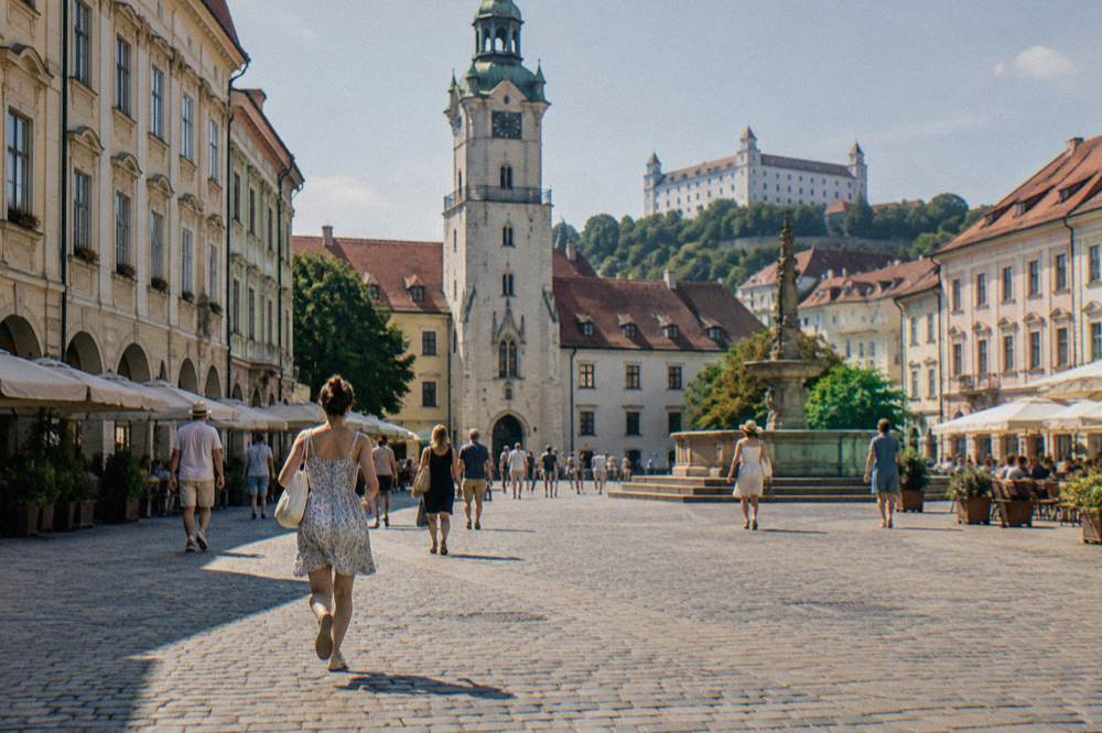People walking across Hlavné námestie, the Main Square in Bratislava, on a warm summer day