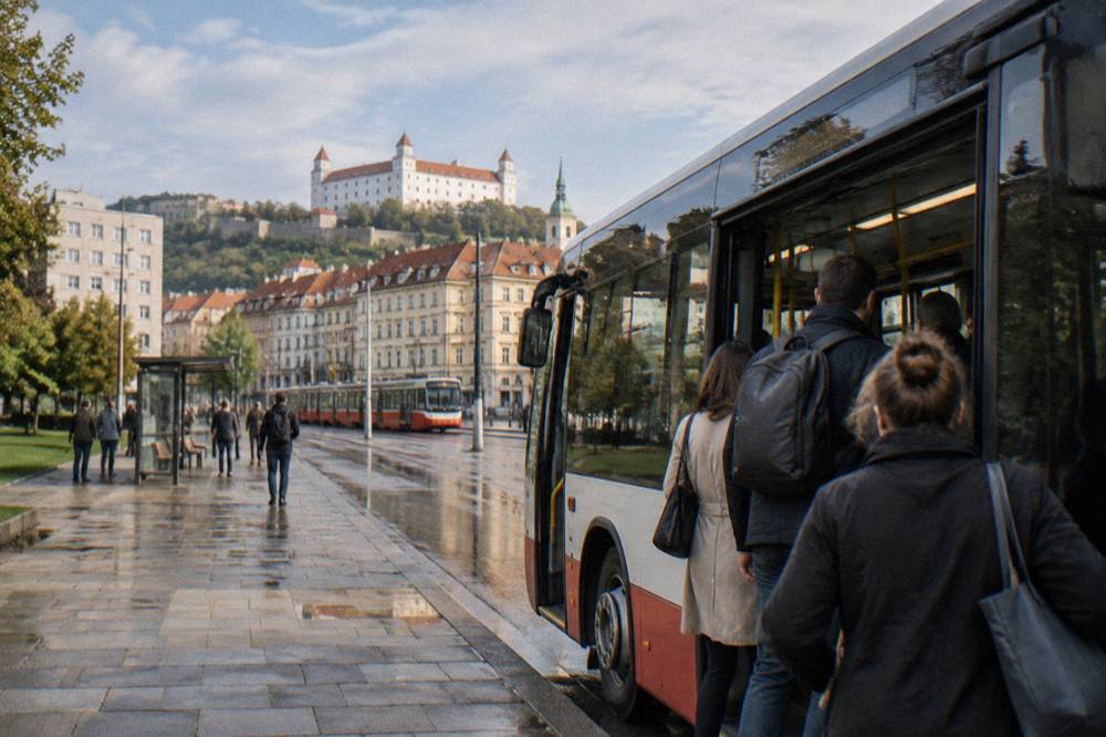 Passengers boarding a public transport bus at a city stop in daylight