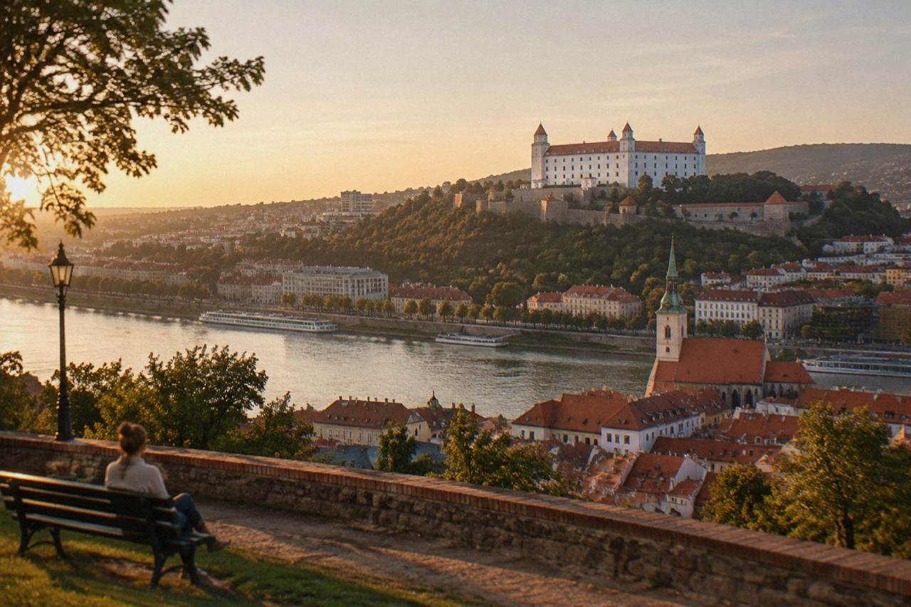 Bratislava Castle standing above the old town rooftops and the Danube