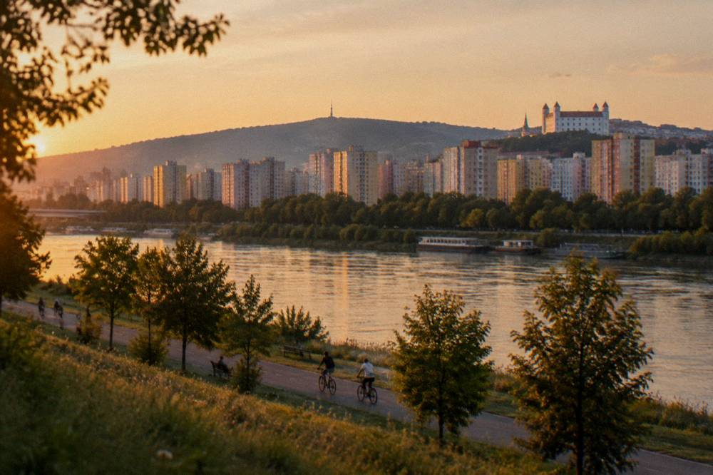 Rows of panel housing blocks in the Petržalka district seen from a distance