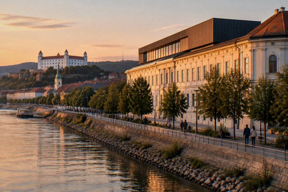 The Slovak National Gallery building beside the Danube in evening light