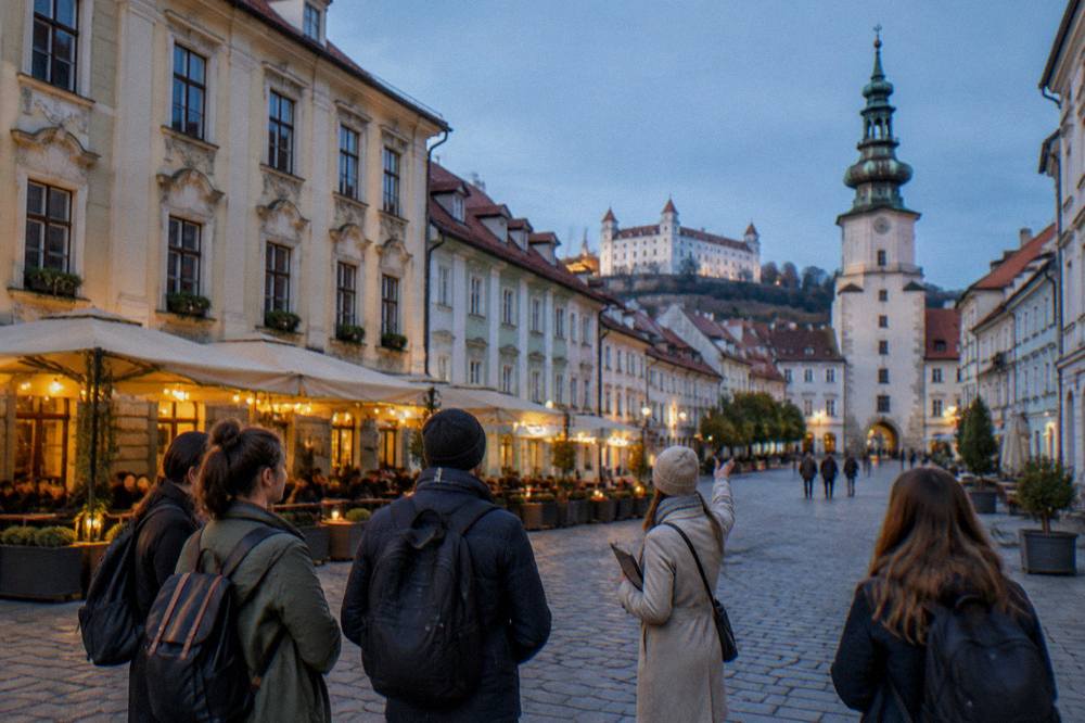 A guided walking group standing in a Bratislava old town square
