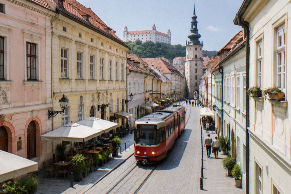 Red tram moving along a street in central Bratislava near the old town