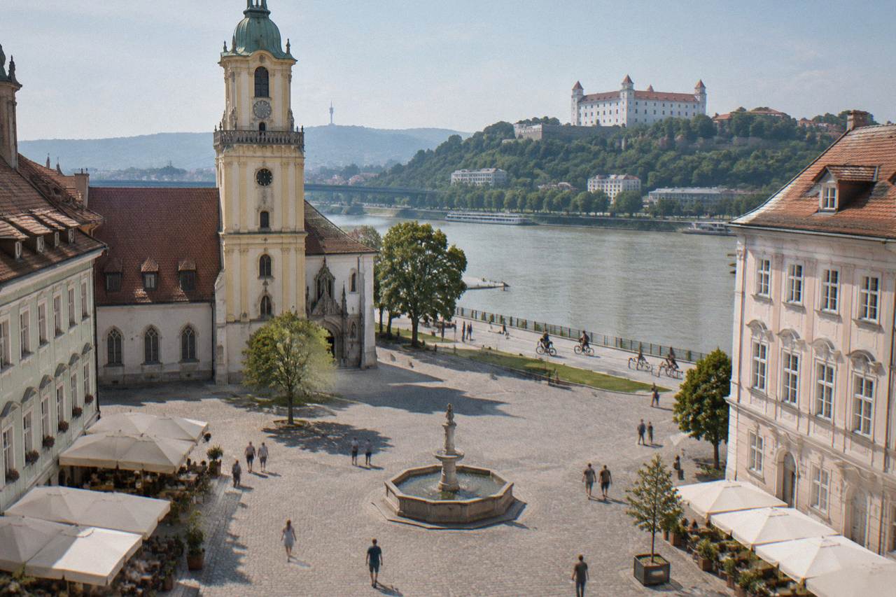 Cyclists riding a riverside path along the Danube with the Bratislava waterfront in the background