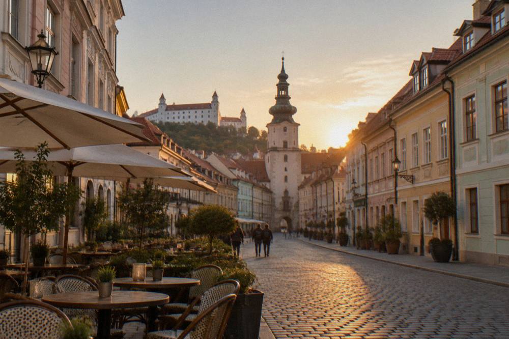 Café tables and chairs on a pedestrian street in Bratislava's Old Town