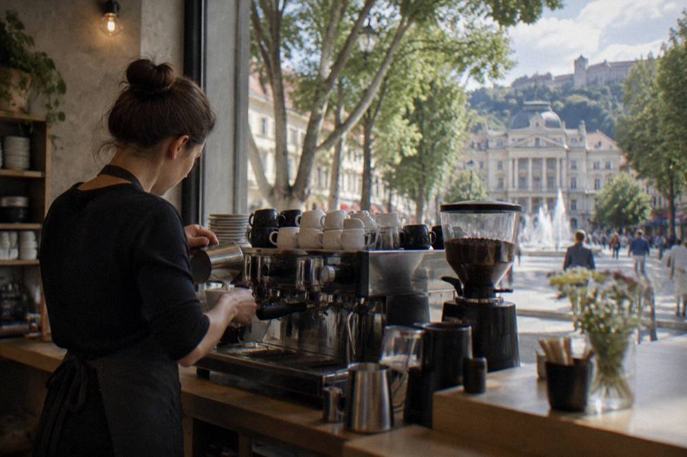 A barista preparing an espresso drink at the counter of a small café