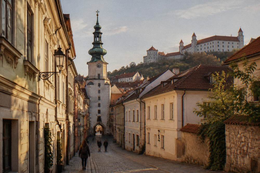 The tower of Michael's Gate rising above the rooftops of the Old Town