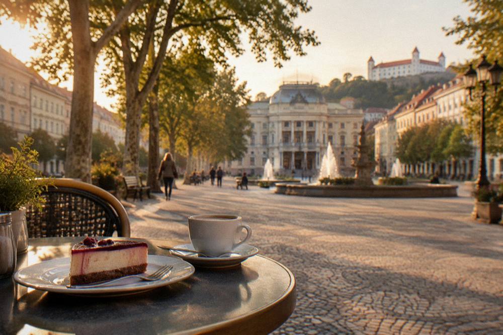 A slice of cake on a plate beside a cup of coffee on a café table