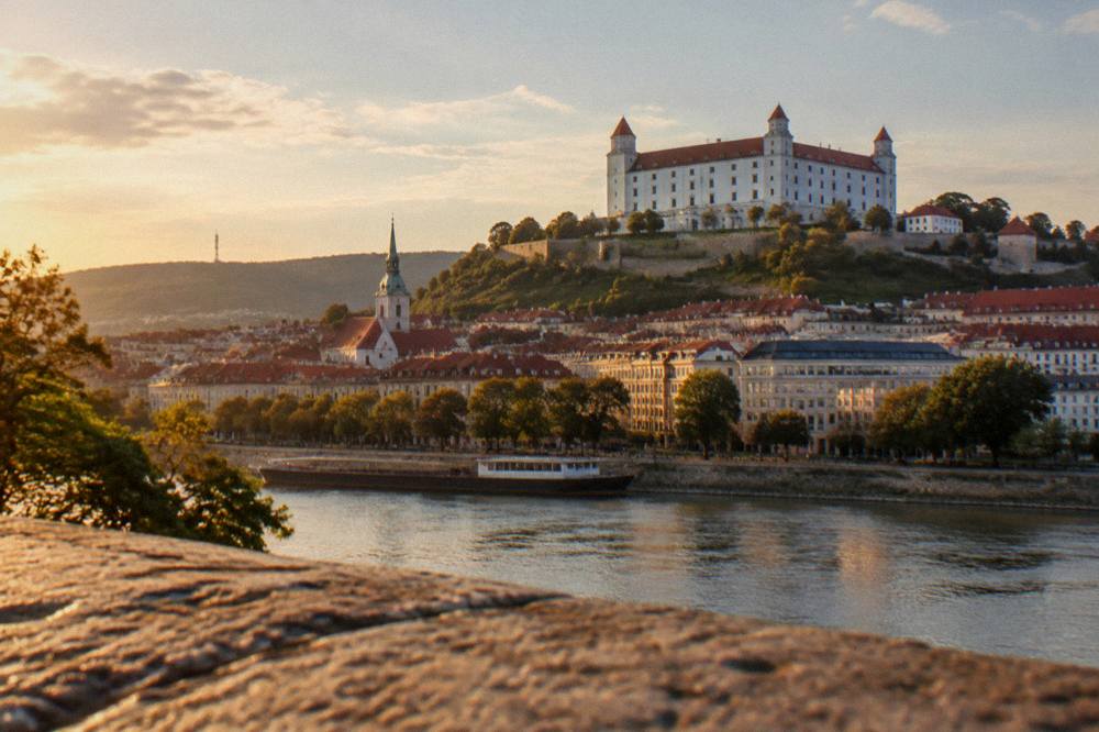 A view of Bratislava Castle on its hill above the city rooftops