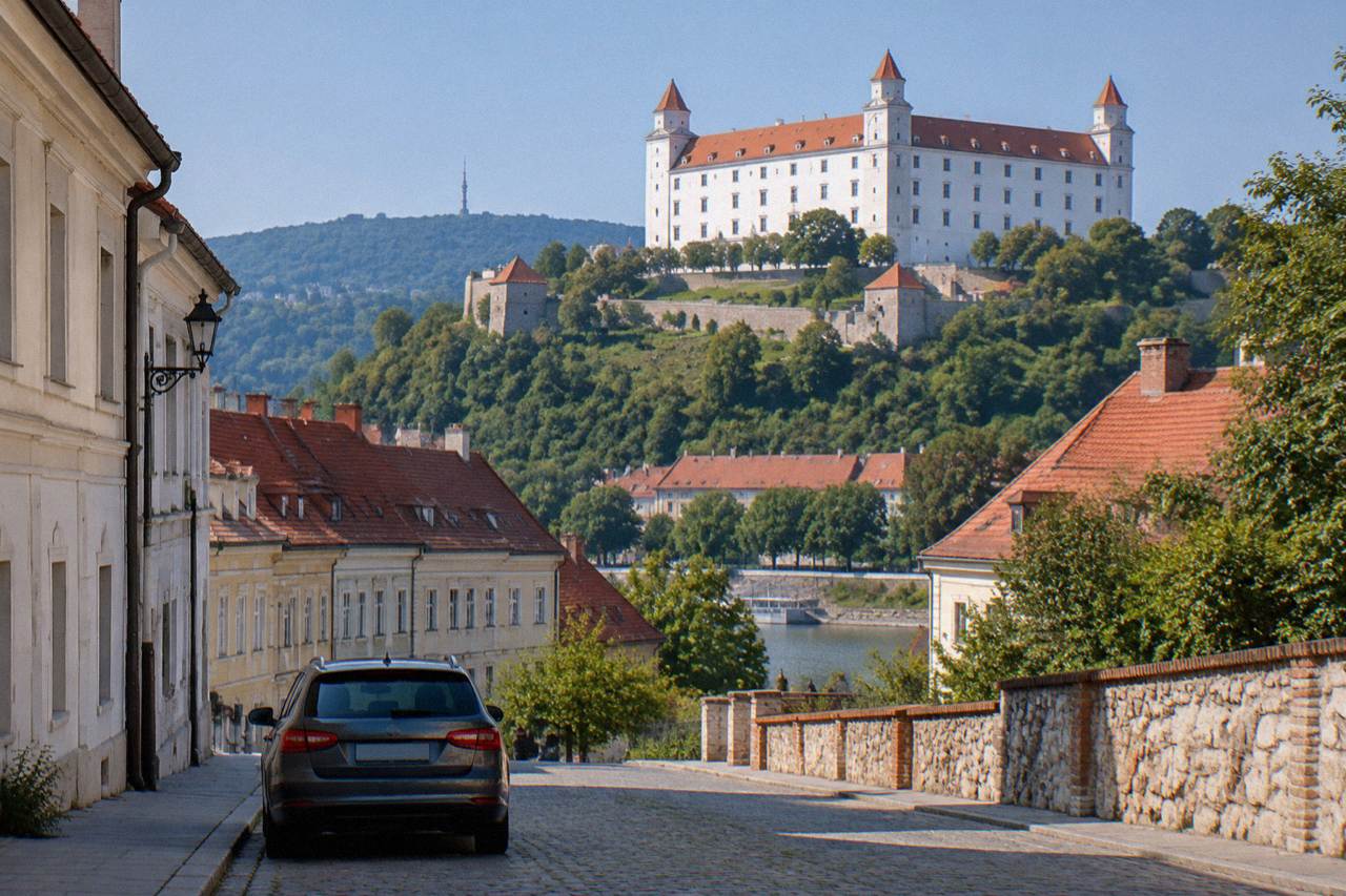 A parked car on a quiet street below Bratislava Castle on a bright morning