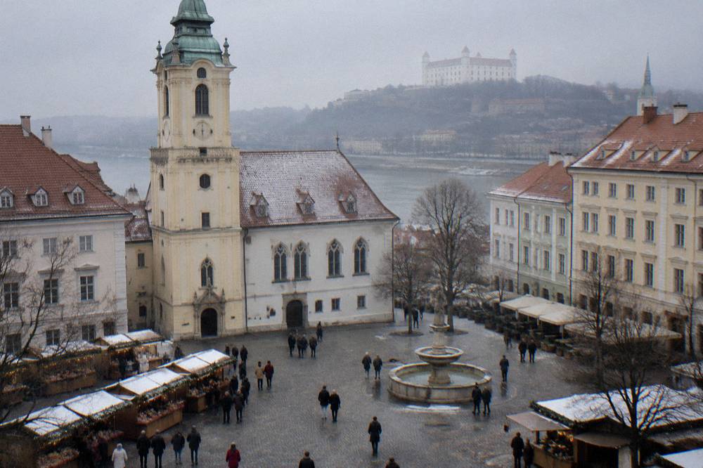 Visitors walking between market stalls on a Bratislava square in December